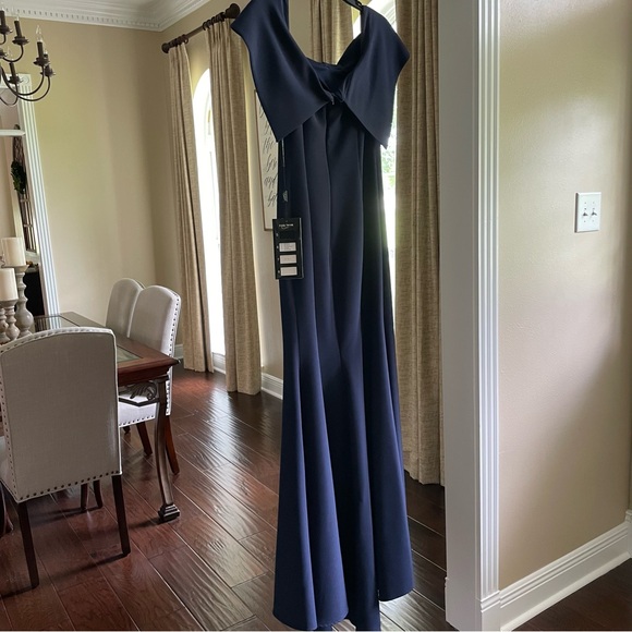 Alexander by Daymor - 767 Draping Ribbon Paneled Off Shoulder Gown (Navy) - Picture 2 of 6